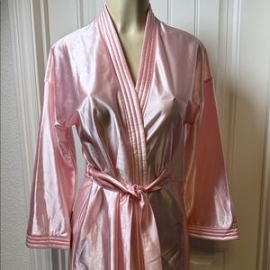 Vintage Pink Satin Robe Belted Long Dressing Gown Made in USA Size M (12–14)‎